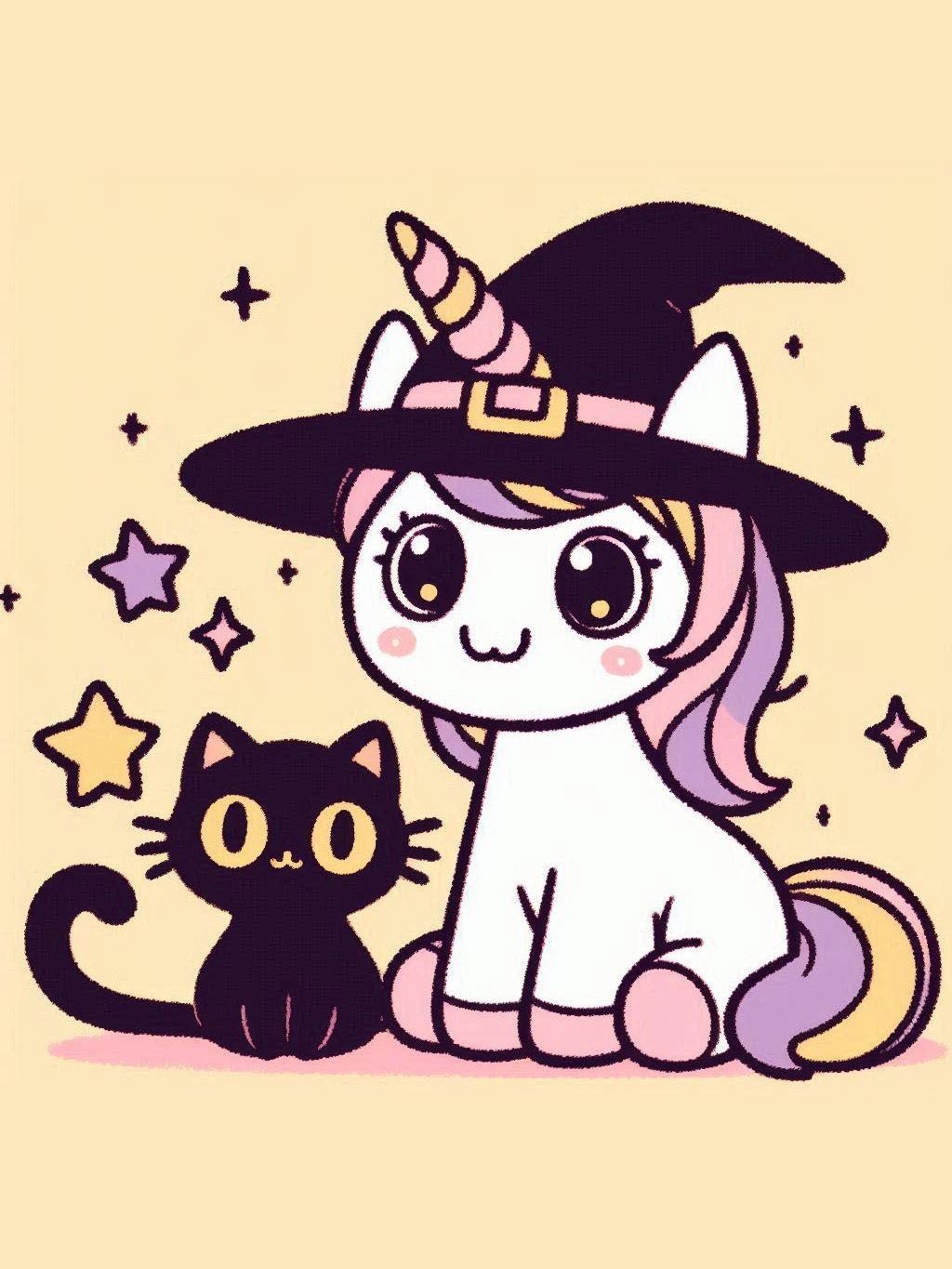 halloween unicorn illustration ideas featuring a cute unicorn wearing a witch hat sitting beside a playful black cat surrounded by stars on a light background.